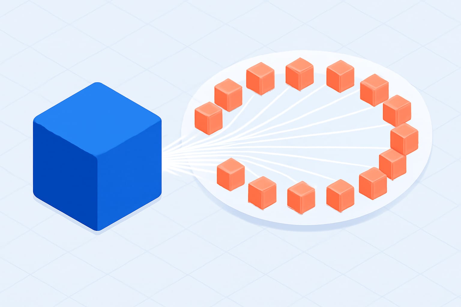 Editorial illustration in isometric-flat style depicting an isometric-flat fan-out of one FHIR Bundle POST into twenty sub-requests inside a lock ring