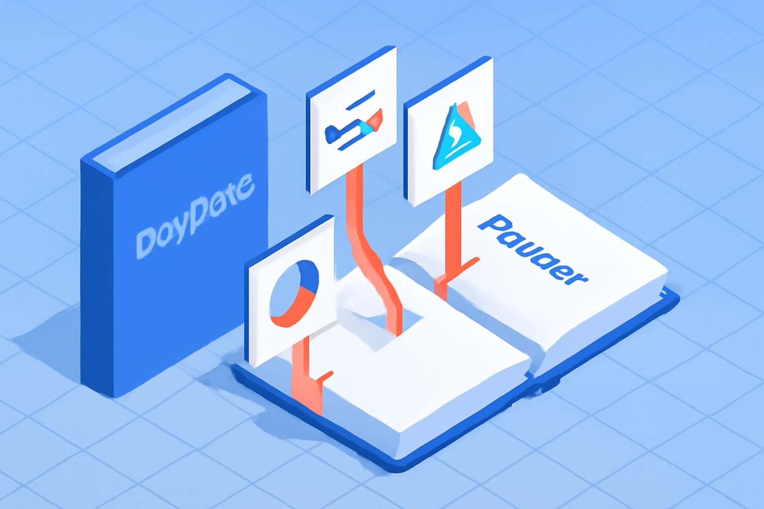 Editorial illustration in isometric-flat style depicting an isometric-flat extract of workflow, ratio, and failure-mode cards from a DevDays talk into a planner model