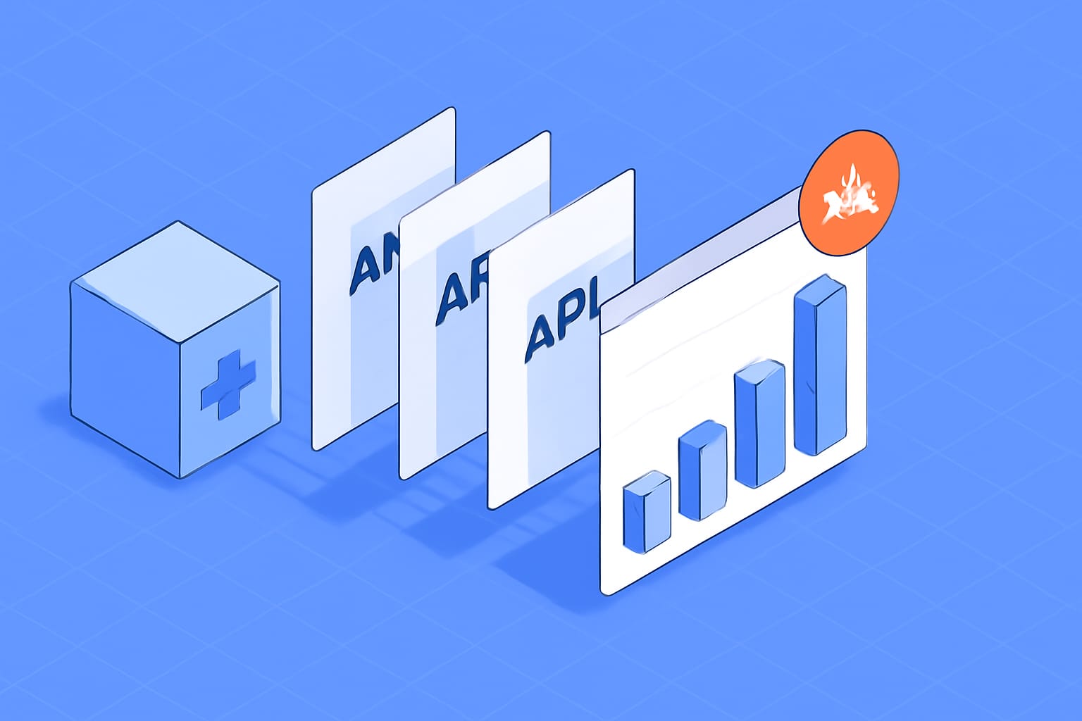 Editorial illustration in isometric-flat style depicting an isometric-flat translation from a clinical workflow event into a fan of API calls and hourly RPS bars