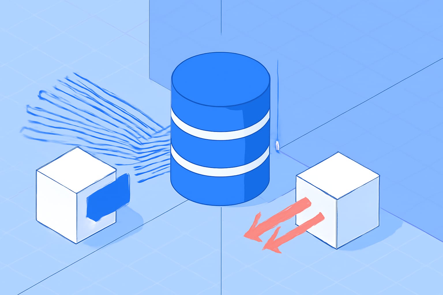Editorial illustration in isometric-flat style depicting an isometric-flat comparison of a chatty client and a batched client hitting the same FHIR server