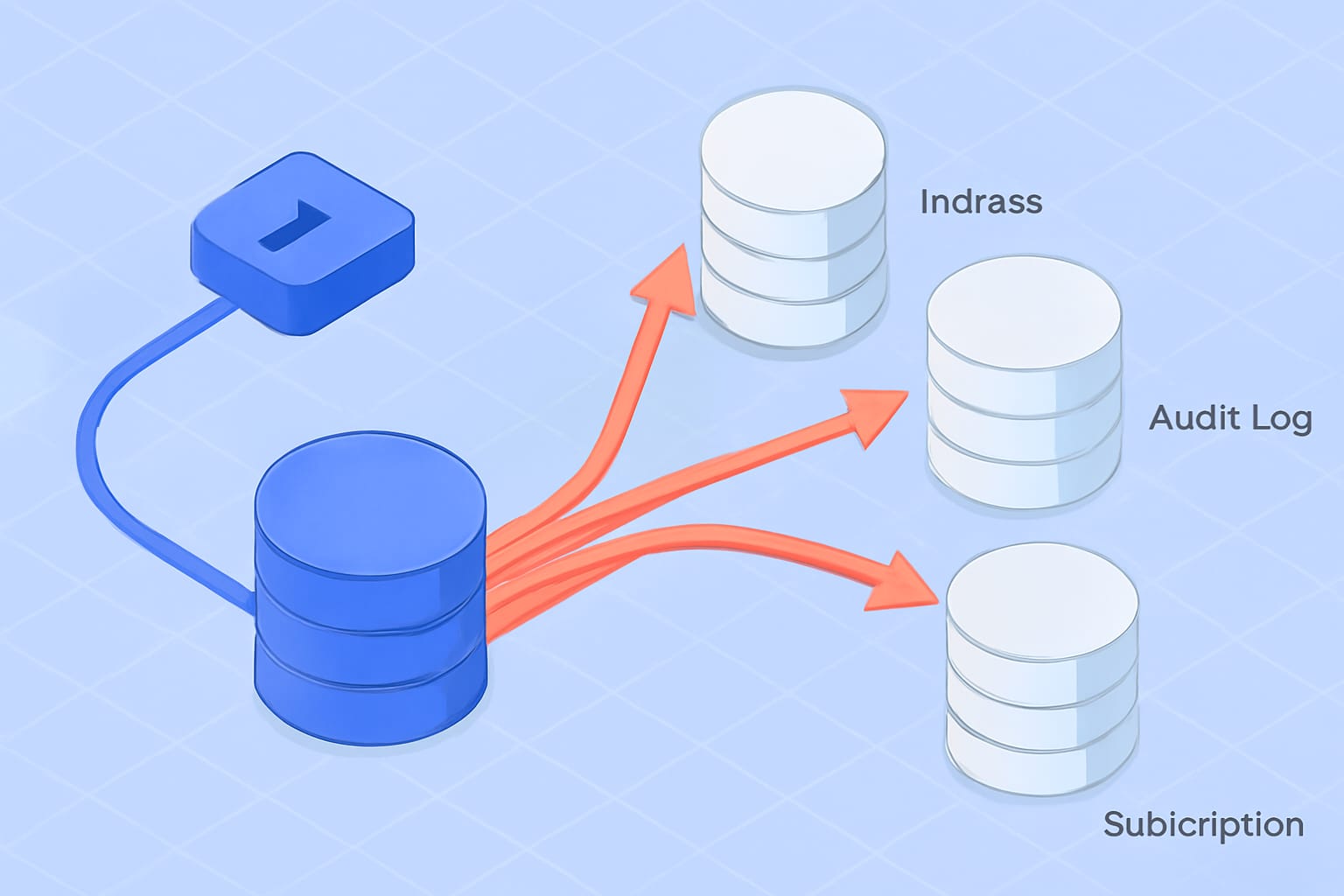 Editorial illustration in isometric-flat style depicting an isometric-flat contrast of a slim FHIR read path and a fan of write cascade arrows